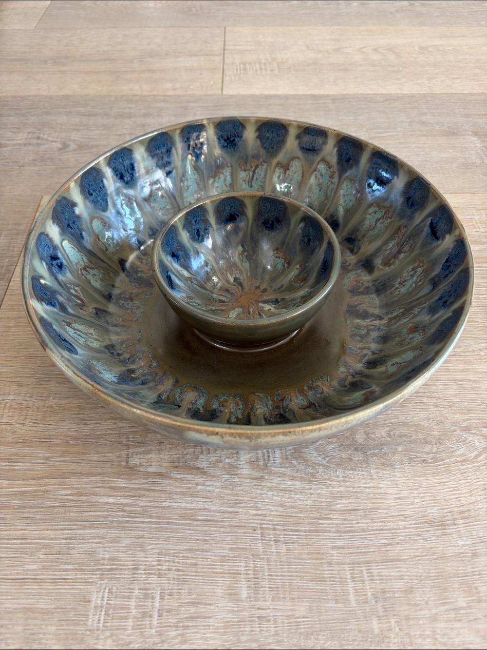 Handcrafted Ceramic Chip & Dip Bowl Set in Olive Green and Blue